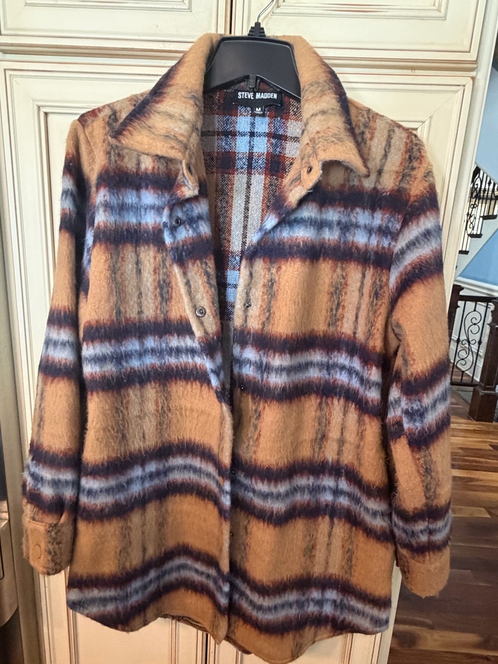 Steve Madden Plaid Brushed Button-Front Shacket in Mustard and Brown. Size M.